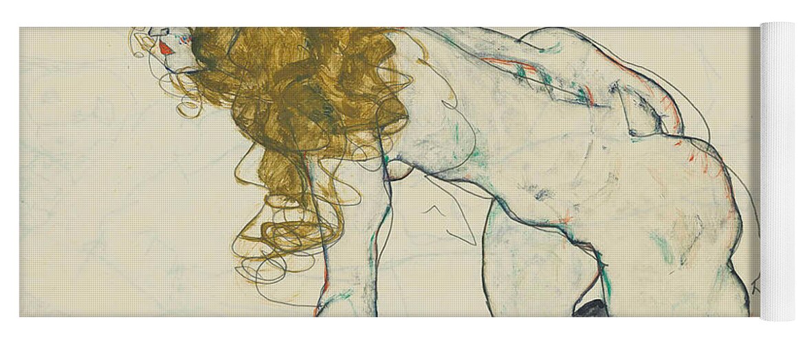 Egon Schiele Yoga Mat featuring the drawing Crouching Blonde Nude with extended Left Arm by Egon Schiele