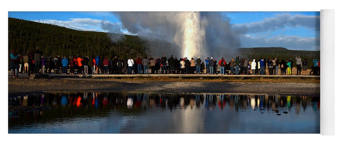Old Faithful Yoga Mat featuring the photograph Crowd Reflections At Old Faithful Landscape by Adam Jewell