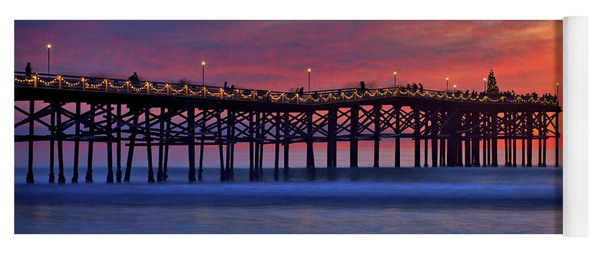 Crystal Pier Yoga Mat featuring the photograph Crystal Pier in Pacific Beach decorated with Christmas lights by Sam Antonio