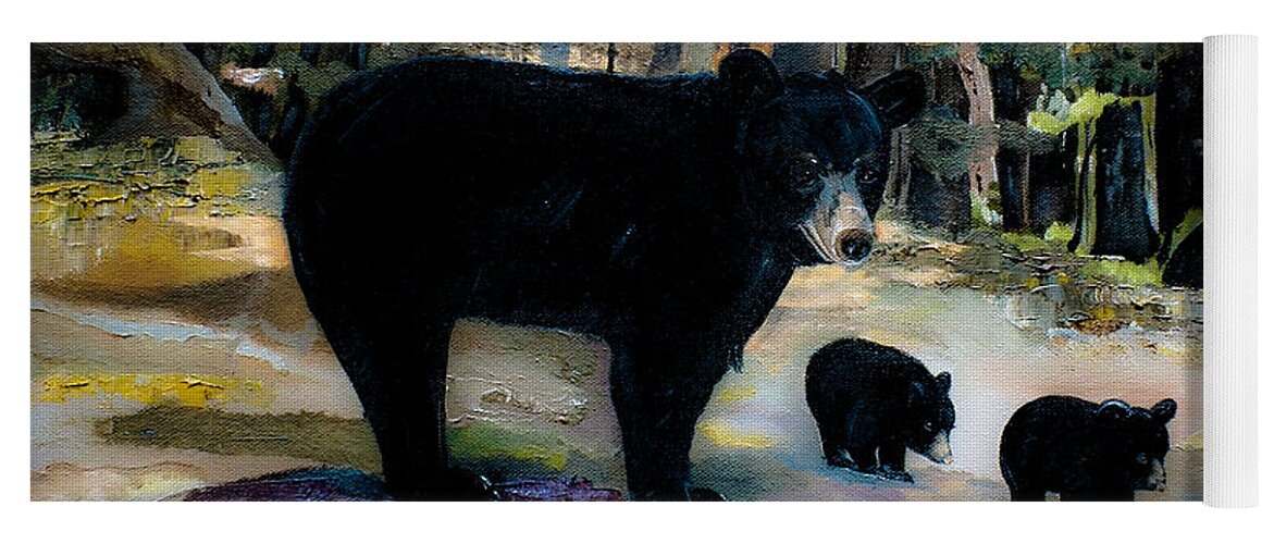 Black Bears Yoga Mat featuring the painting Cubs with Momma Bear - Dreamy version - Black Bears by Jan Dappen