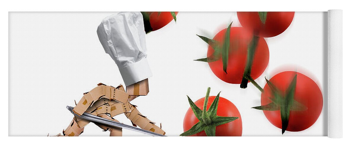 Kitchen Yoga Mat featuring the digital art Cute chef box character catching tomatoes by Simon Bratt