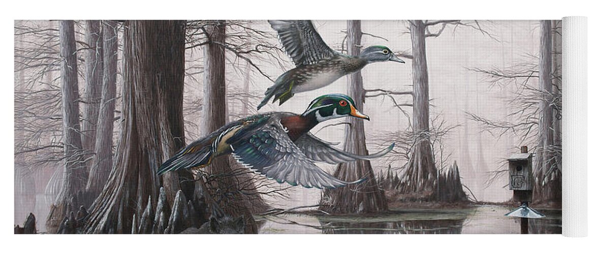 Duck Hunting Yoga Mat featuring the painting Cypress Bayou Neighbors by Glenn Pollard