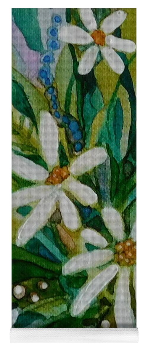 I Painted This Miniature Painting Of Daisies For My Good Friend Nancy's Birthday. I Used Vibrant Alcohol Inks And Because Is On 6 Square Gallery-wrapped Canvas It Ready To Hang Without A Frame. Yoga Mat featuring the painting Daisies for Nancy by Joan Clear