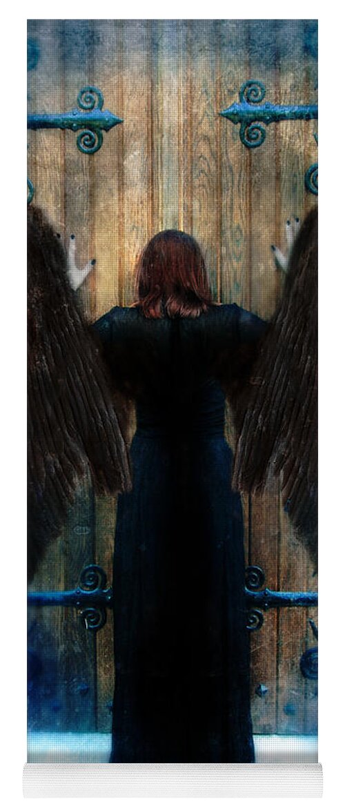 Angel Yoga Mat featuring the photograph Dark Angel at Church Doors by Jill Battaglia