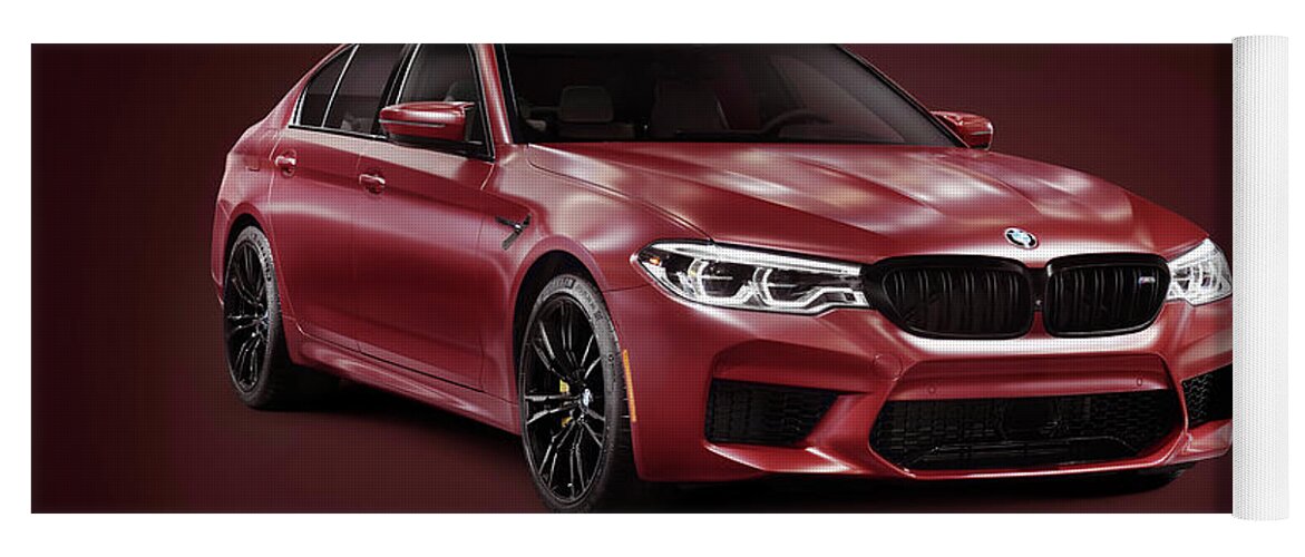Bmw Yoga Mat featuring the photograph Dark red 2018 BMW M5 performance car sport sedan on burgundy bac by Maxim Images Exquisite Prints