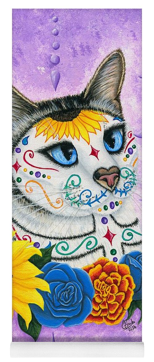 Dia De Los Muertos Gato Yoga Mat featuring the painting Day of the Dead Cat Sunflowers - Sugar Skull Cat by Carrie Hawks