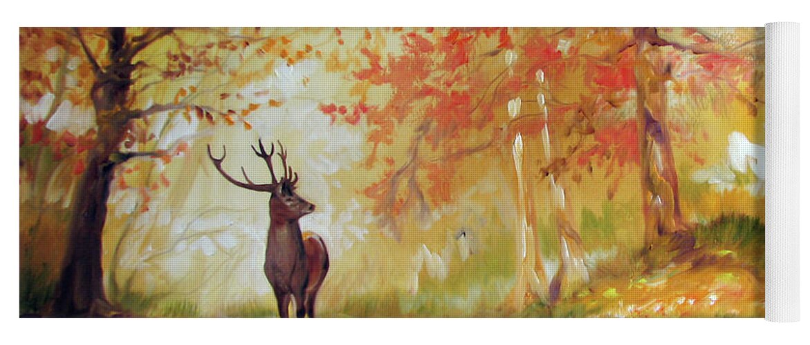 Wildlife Yoga Mat featuring the painting DEER on the WOODEN PATH by Marcia Baldwin