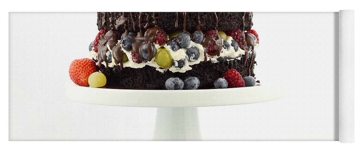 Aqua Yoga Mat featuring the photograph Deliciously divine chocolate cake with berries and cream. by Milleflore Images