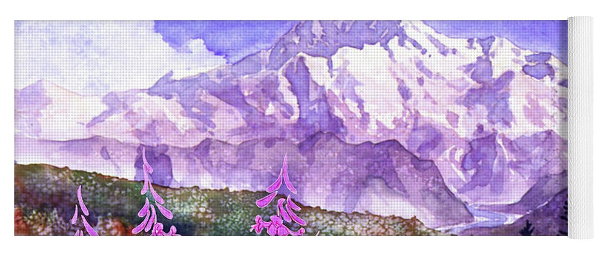 Mountain Yoga Mat featuring the painting Denali with Fireweed by Teresa Ascone