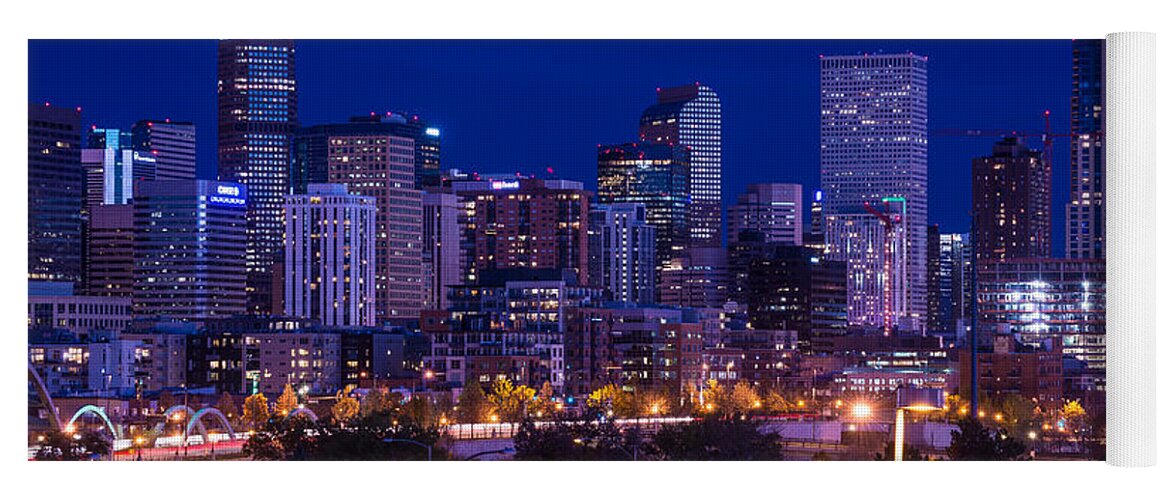 Denver Yoga Mat featuring the photograph Denver Skyline at Night - Colorado by Gary Whitton