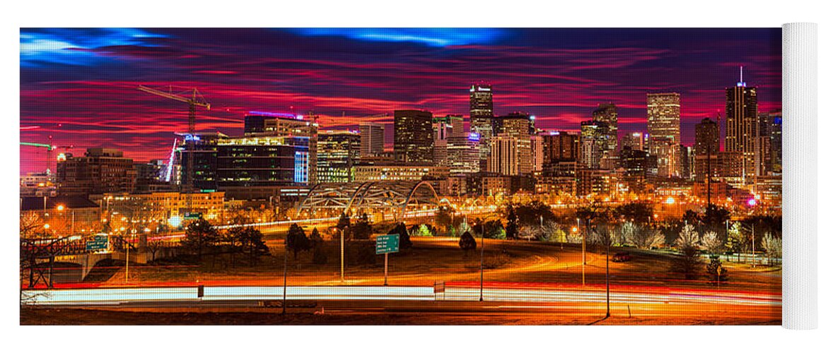 Denver Yoga Mat featuring the photograph Denver Skyline Sunrise by Darren White