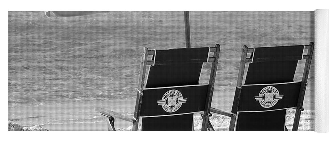Destin Yoga Mat featuring the photograph Destin Florida Beach Chairs and Umbrella Square Format Black and White by Shawn O'Brien