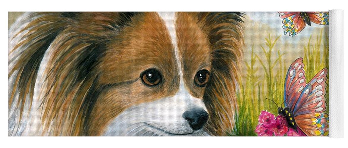 Dog Yoga Mat featuring the painting Dog 123 Papillon by Lucie Dumas