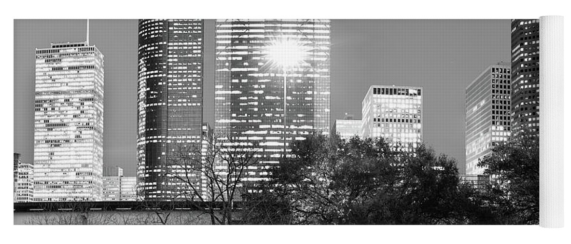 Houston Skyline Yoga Mat featuring the photograph Downtown Houston City Skyline - Black and White by Gregory Ballos