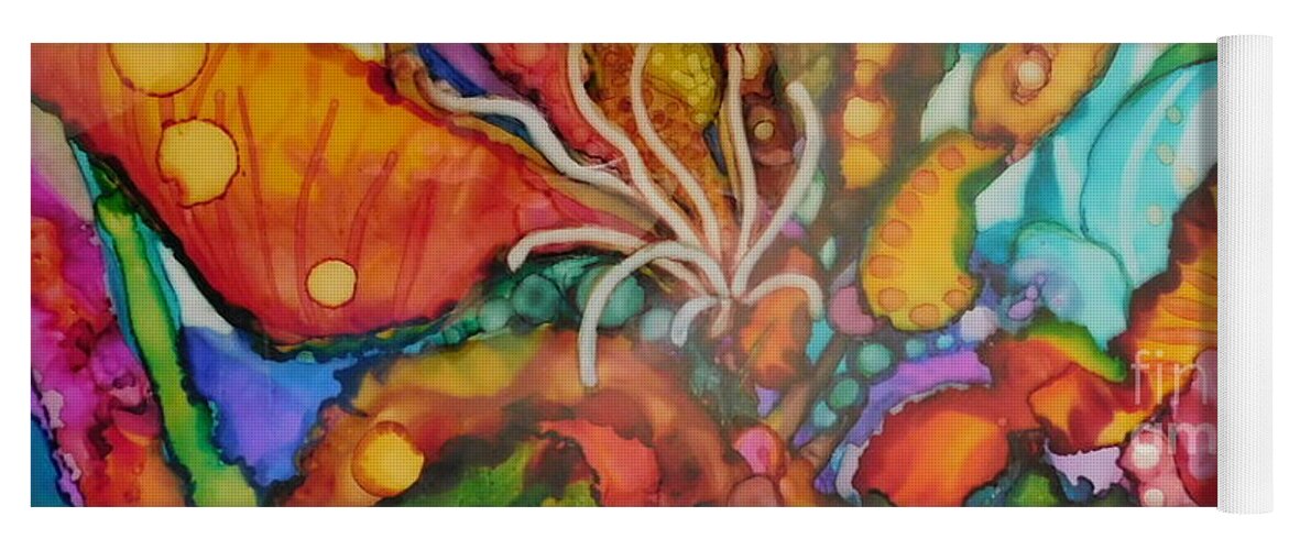 First Place Winner - Rainbow Colored Inks Explode To Create This Vibrant Abstract Flower. It Is Approximately 11 X 14 And Is Matted To Fit A Standard 16 X 20 Frame. Yoga Mat featuring the painting Dragon Dance by Joan Clear