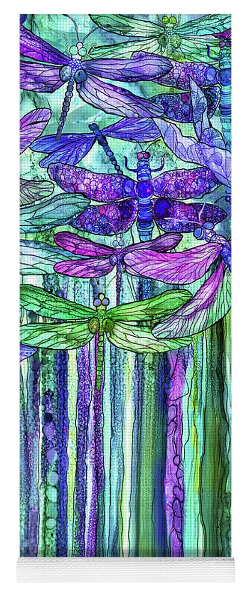 Carol Cavalaris Yoga Mat featuring the mixed media Dragonfly Bloomies 2 - Purple by Carol Cavalaris