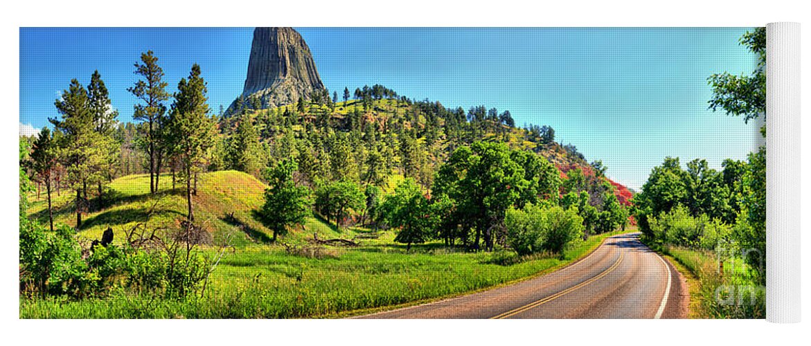 Devils Tower Yoga Mat featuring the photograph Driving Past Devils Tower by Adam Jewell