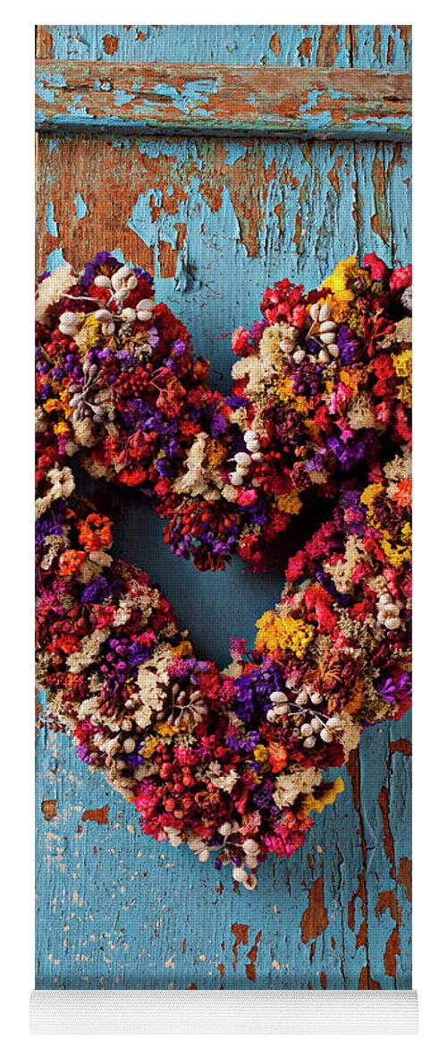 Dry Flower Wreath Yoga Mat featuring the photograph Dry flower wreath on blue door by Garry Gay