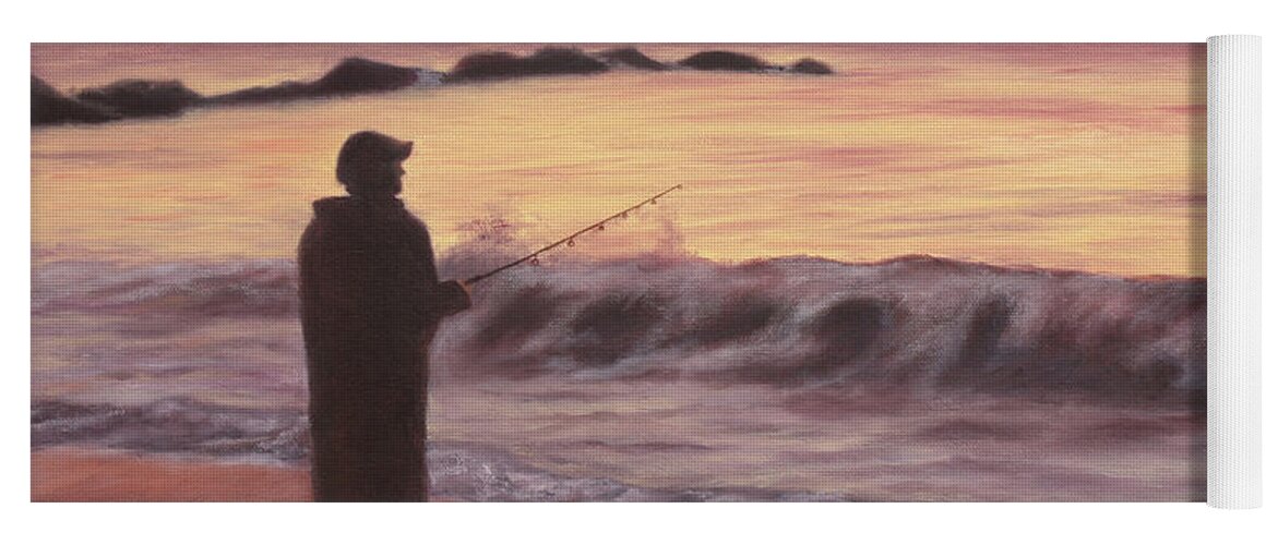Fishing; Fisherman; Ocean; Sunrise; Sand; Serenity; Contemplation; Water Yoga Mat featuring the painting Early Morning Solace by Marg Wolf