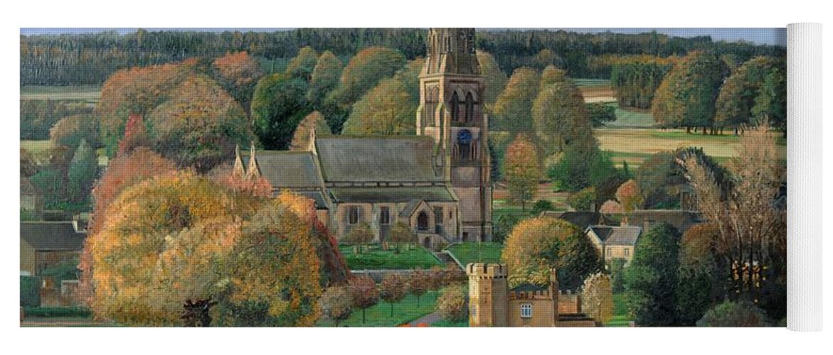 Peak District; Pig; Countryside; English Landscape; Architecture; Church; Village; Estate; Landscape; Chatsworth; Edensor; Chatsworth Park; Tree; Trees; Man Sitting On Bench Yoga Mat featuring the painting Edensor, Chatsworth Park, Derbyshire by Trevor Neal