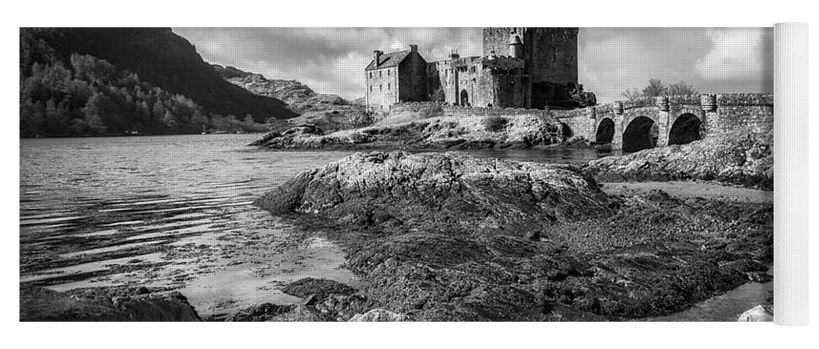 Eilean Donan Yoga Mat featuring the photograph Eilean Donan Castle in black and white by Holly Ross