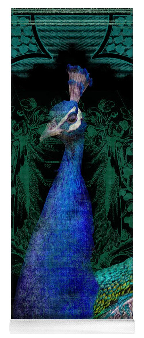 Regal Yoga Mat featuring the mixed media Elegant Peacock w Vintage Scrolls by Audrey Jeanne Roberts