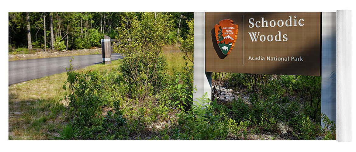 Acadia Yoga Mat featuring the photograph Entrance sign, Schoodic Woods campground, Maine by Kevin Shields