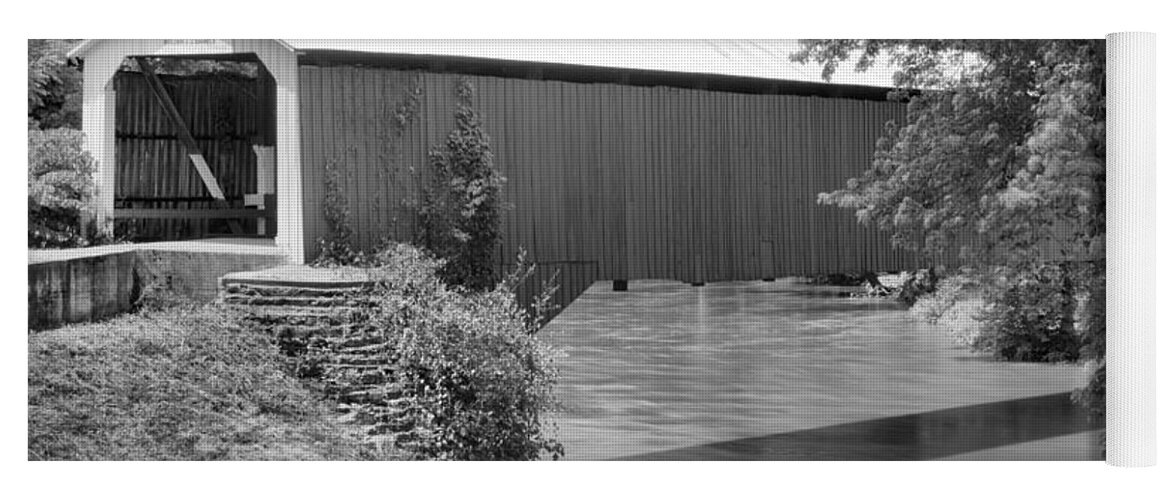 Eugene Covered Bridge Yoga Mat featuring the photograph Eugene Covered Bridge Landscape Black And White by Adam Jewell
