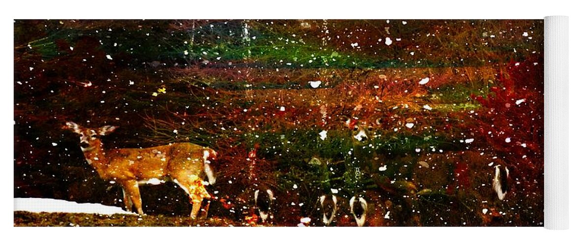 Euphoric Nighttime New England Whitetails Snow Coming Yoga Mat featuring the photograph Euphoric Nighttime New England Whitetails Snow Coming by Mike Breau