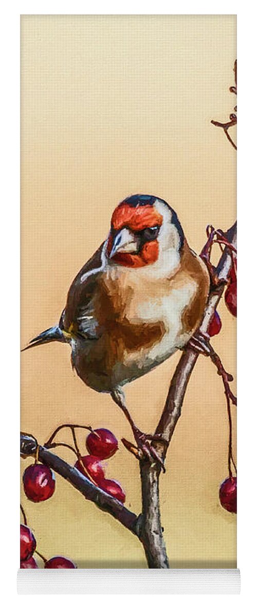 Carduelis Carduelis Yoga Mat featuring the digital art European Goldfinch with berries by Liz Leyden