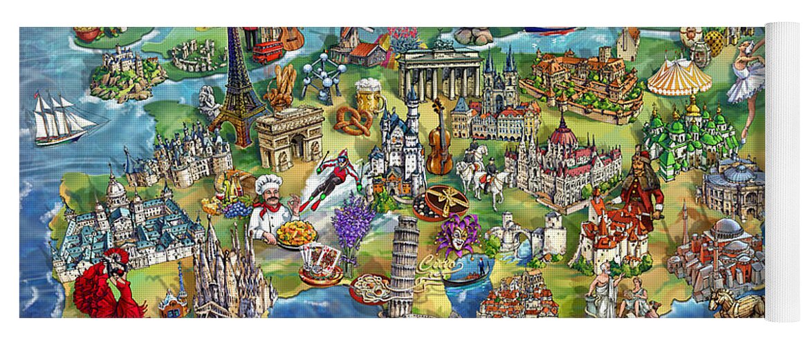 Europe Yoga Mat featuring the painting European World Wonders Illustrated Map by Maria Rabinky