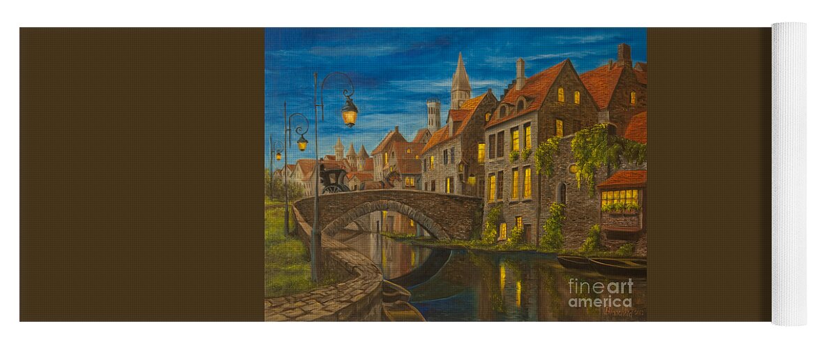 Bruges Belgium Art Yoga Mat featuring the painting Evening in Brugge by Charlotte Blanchard