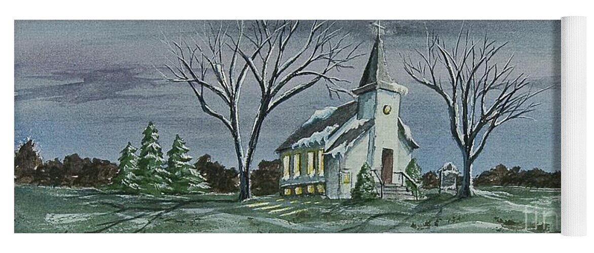 Country Church Painting Yoga Mat featuring the painting Evening Worship In Winter by Charlotte Blanchard