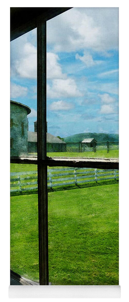 Rural Yoga Mat featuring the photograph Farm Seen Through Window by Susan Savad