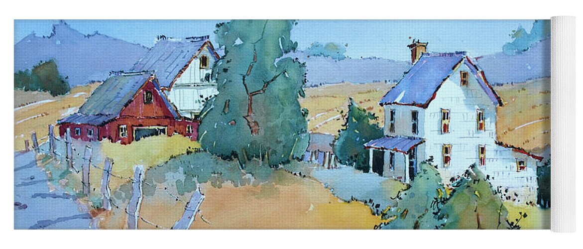 Farm Yoga Mat featuring the painting Farm with Blue Roof Tops by Joyce Hicks