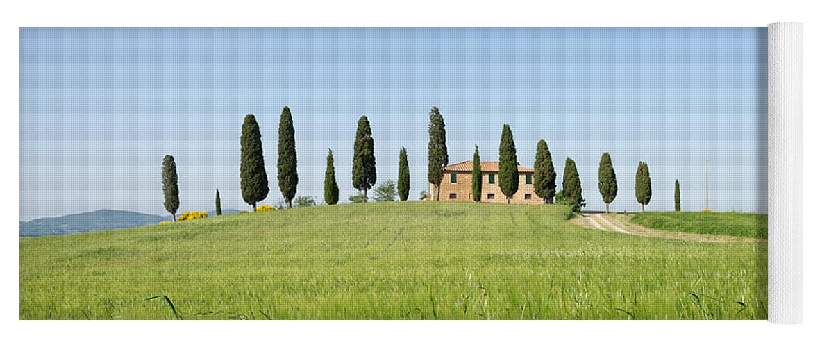 Farmhouse Yoga Mat featuring the photograph Farmhouse with cypress trees and crops in Tuscany by IPics Photography