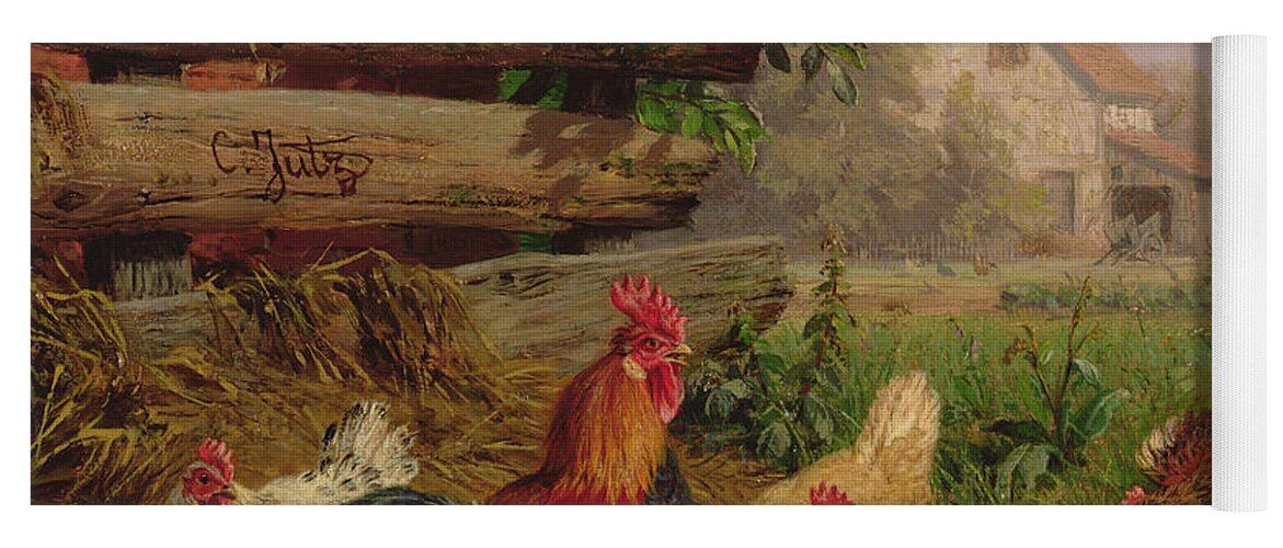 Chicken Yoga Mat featuring the painting Farmyard Chickens by Carl Jutz