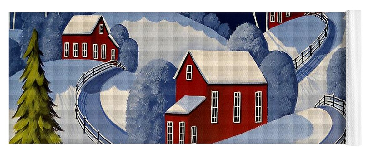Winter Yoga Mat featuring the painting Fenced Roads - folk art winter landscape by Debbie Criswell