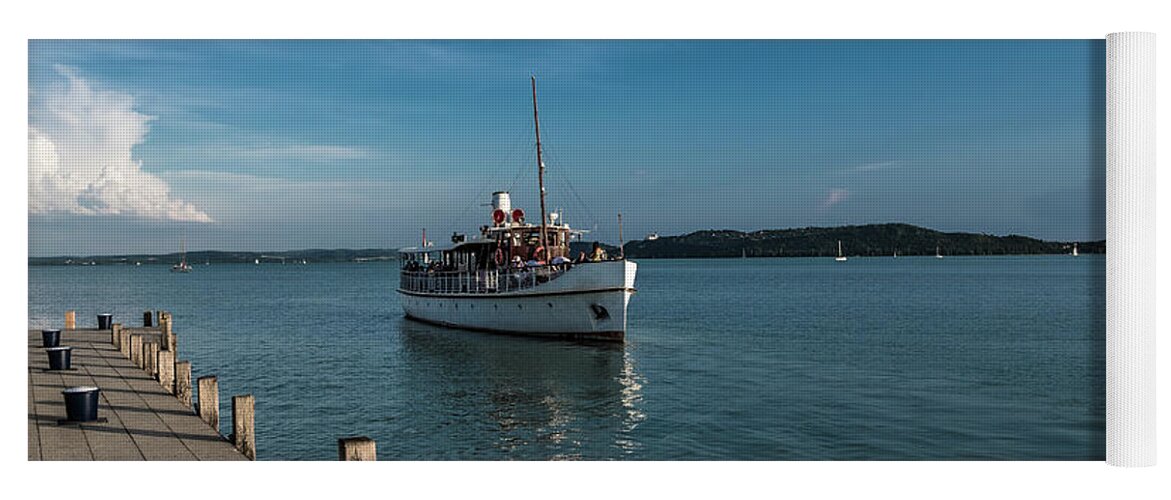 Approach Yoga Mat featuring the photograph Ferry Ship approaches Harbor on Lake Balaton in Hungary by Andreas Berthold