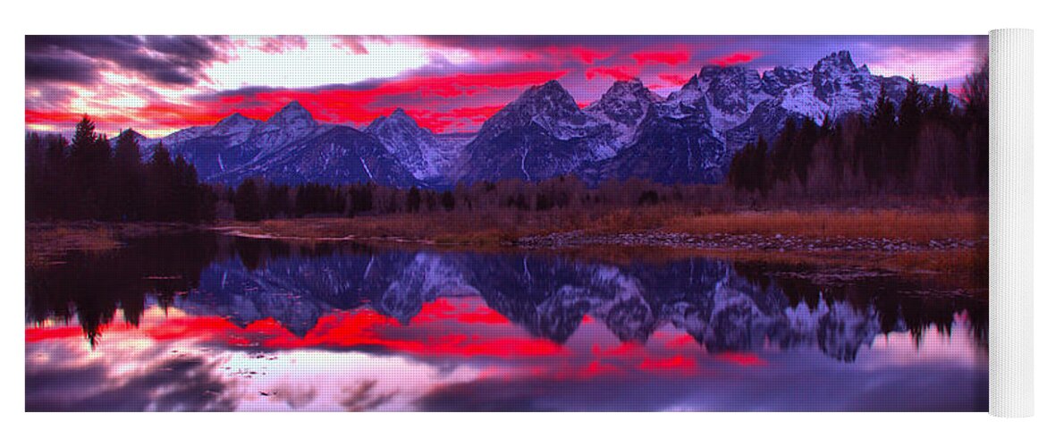 Grand Teton National Park Yoga Mat featuring the photograph Fiery Pink And Purple Teton Skies by Adam Jewell