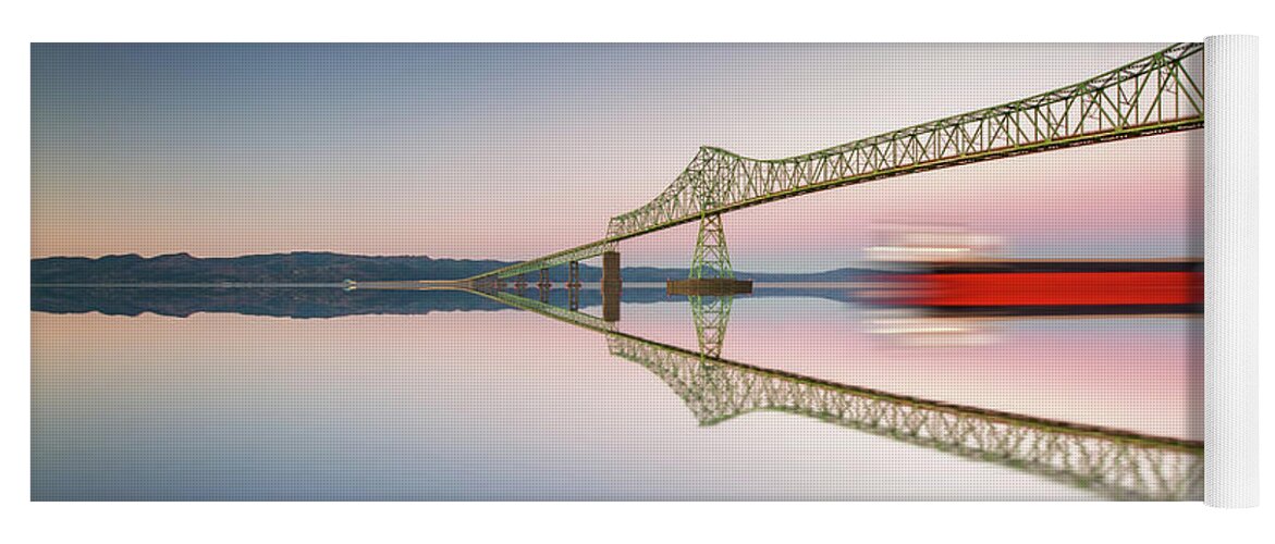 Oregon Yoga Mat featuring the photograph Fine art bridge and ship in clear sky with reflections by William Lee