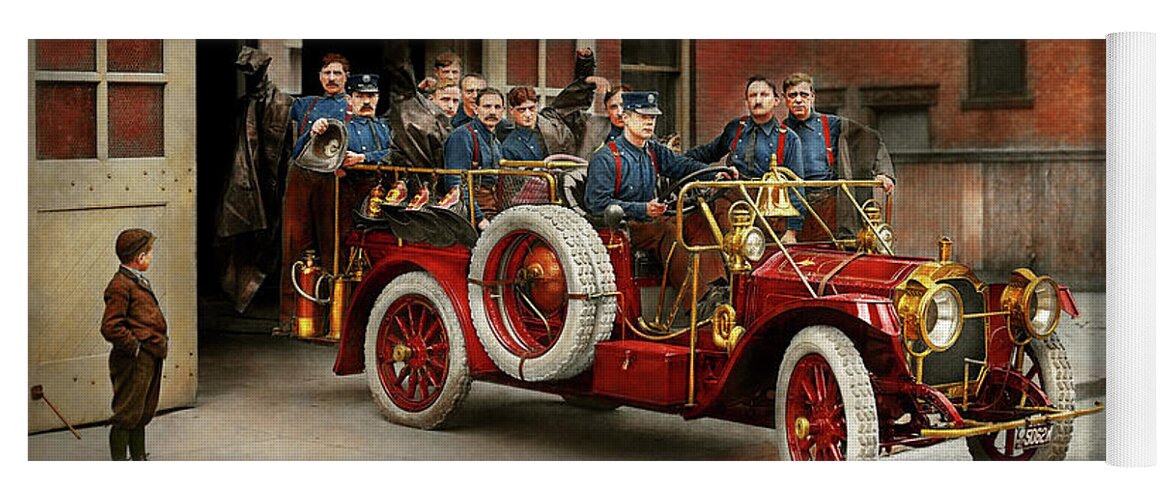 Firefighter Art Yoga Mat featuring the photograph Fire Truck - The flying squadron 1911 by Mike Savad