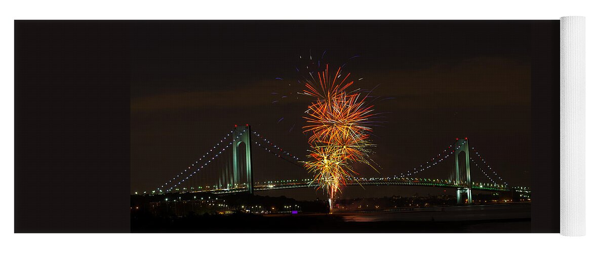 Exploding Fireworks Over Bridge Yoga Mat featuring the photograph Fireworks Over the Verrazano Narrows Bridge by Kenneth Cole