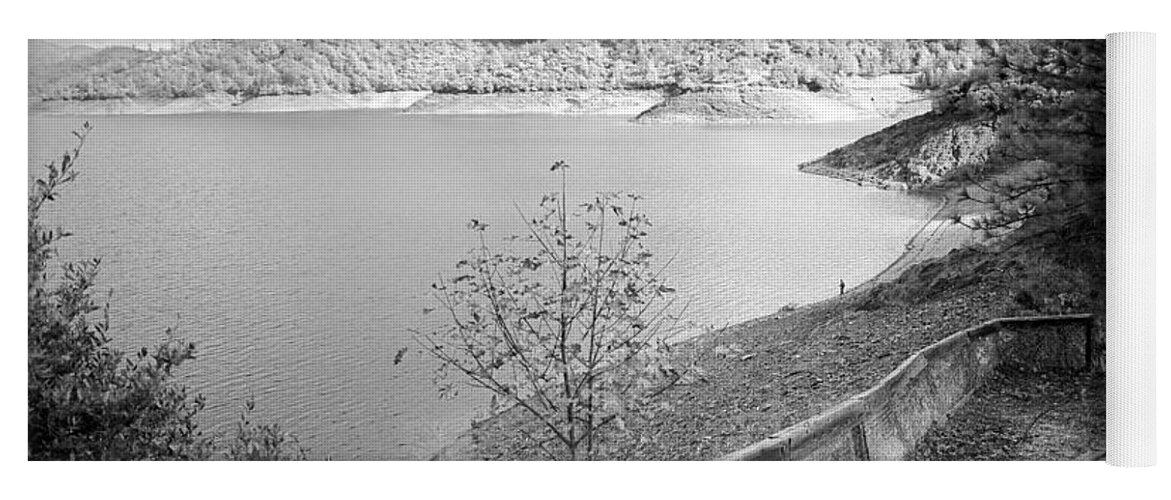 Shasta Yoga Mat featuring the photograph Fishermans Point Shasta Lake B and W by Joyce Dickens