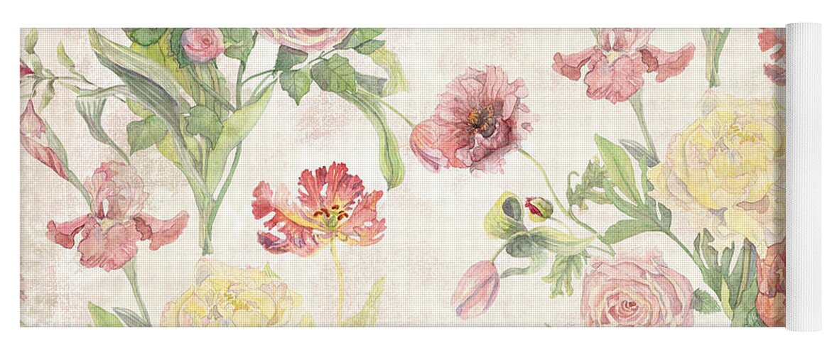 Peony Yoga Mat featuring the painting Fleurs de Pivoine - Watercolor in a French Vintage Wallpaper Style by Audrey Jeanne Roberts