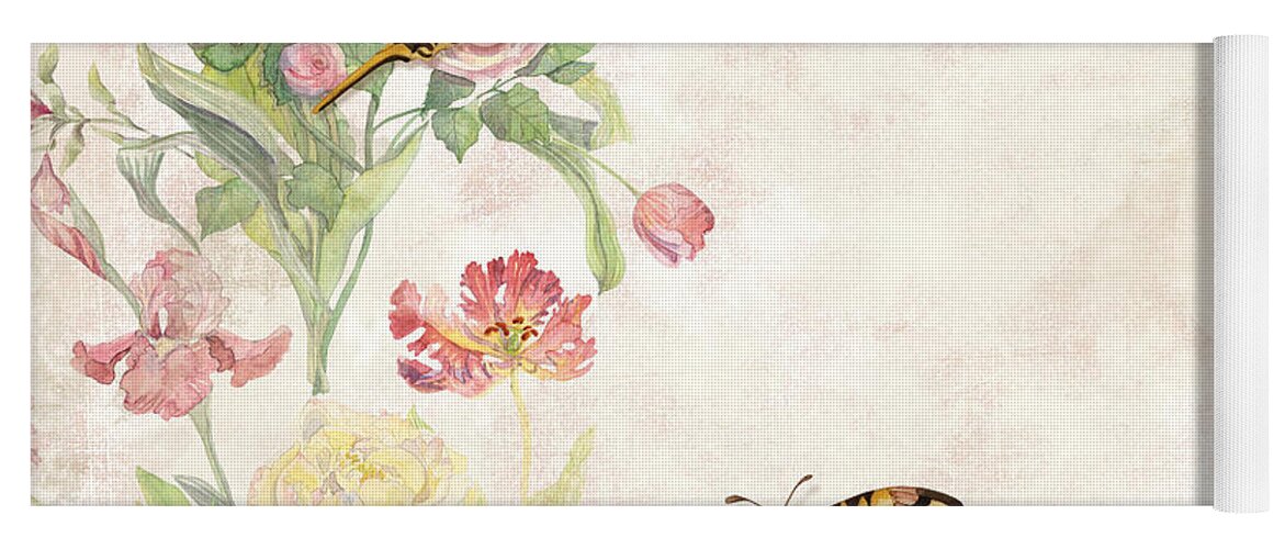 Butterfly Yoga Mat featuring the painting Fleurs de Pivoine - Watercolor w Butterflies in a French Vintage Wallpaper Style by Audrey Jeanne Roberts