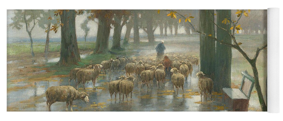 Adolf Kaufmann Yoga Mat featuring the painting Flock of Sheep with Shepherdess on a Rainy Day by Adolf Kaufmann