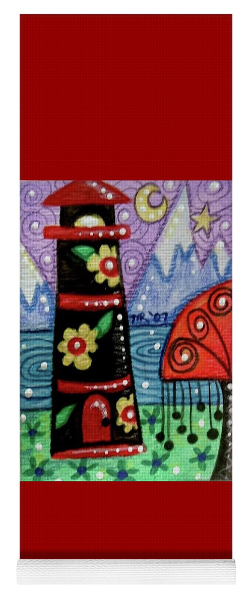 Lighthouse Yoga Mat featuring the painting Floral Lighthouse with Mountain Background by Monica Resinger