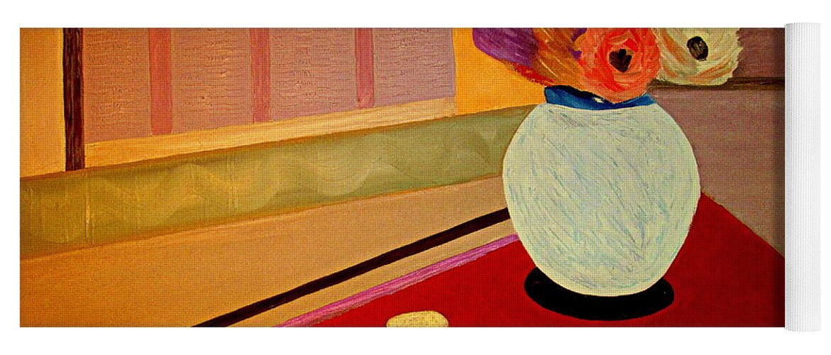 Still Life Flowers Vases Coffee Espresso Cups Windows Shutters Contemporary Post Impressionist Red Violet Blue Green Yoga Mat featuring the painting Flowers for Tuesday by Bill OConnor