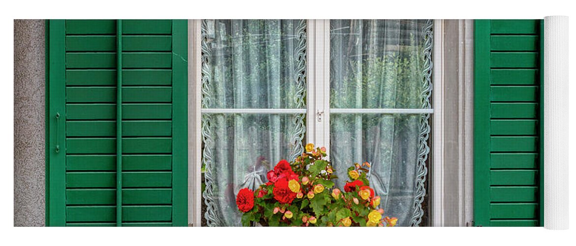 Austria Yoga Mat featuring the photograph Flowers in the Window With the Green Shutters by Debra and Dave Vanderlaan